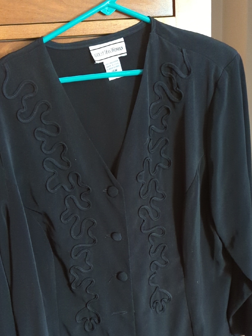 St. John Black V-Neck Blouse with Decorative Trim